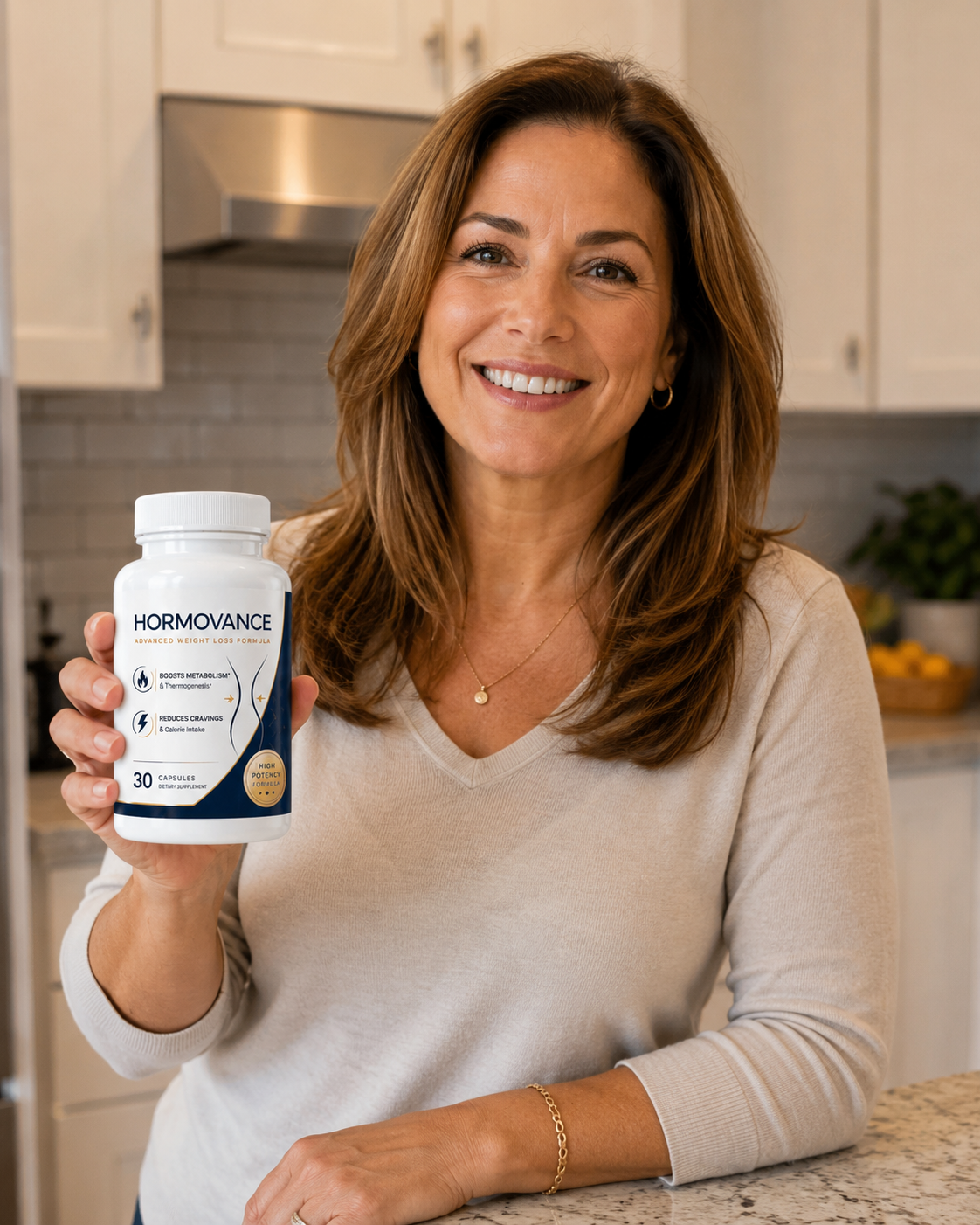Linda from Austin, Texas, holding a bottle of Hormovance